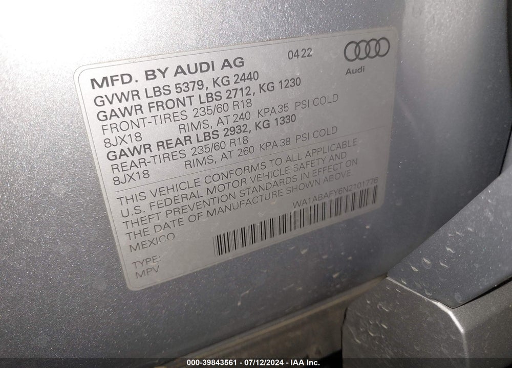 2022 AUDI Q5 PREMIUM 40 TFSI QUATTRO S TRONIC VIN: WA1ABAFY6N2101776