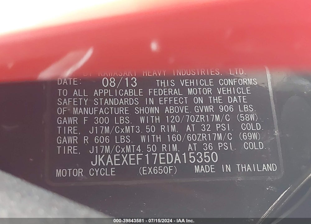 2014 KAWASAKI EX650 F VIN: JKAEXEF17EDA15350