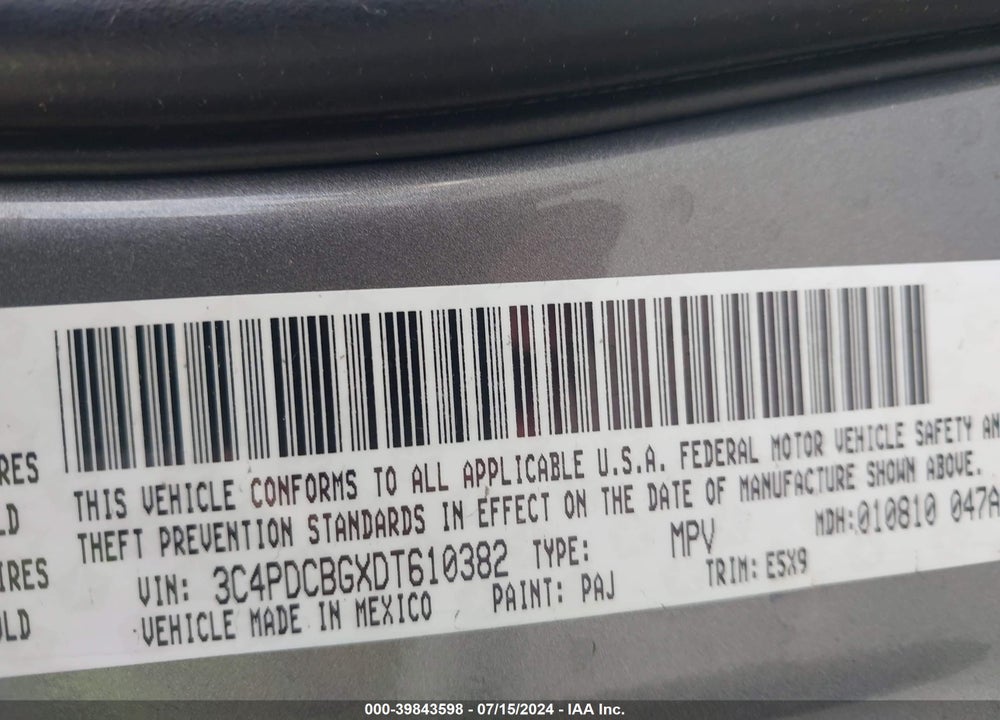 2013 DODGE JOURNEY SXT VIN: 3C4PDCBGXDT610382