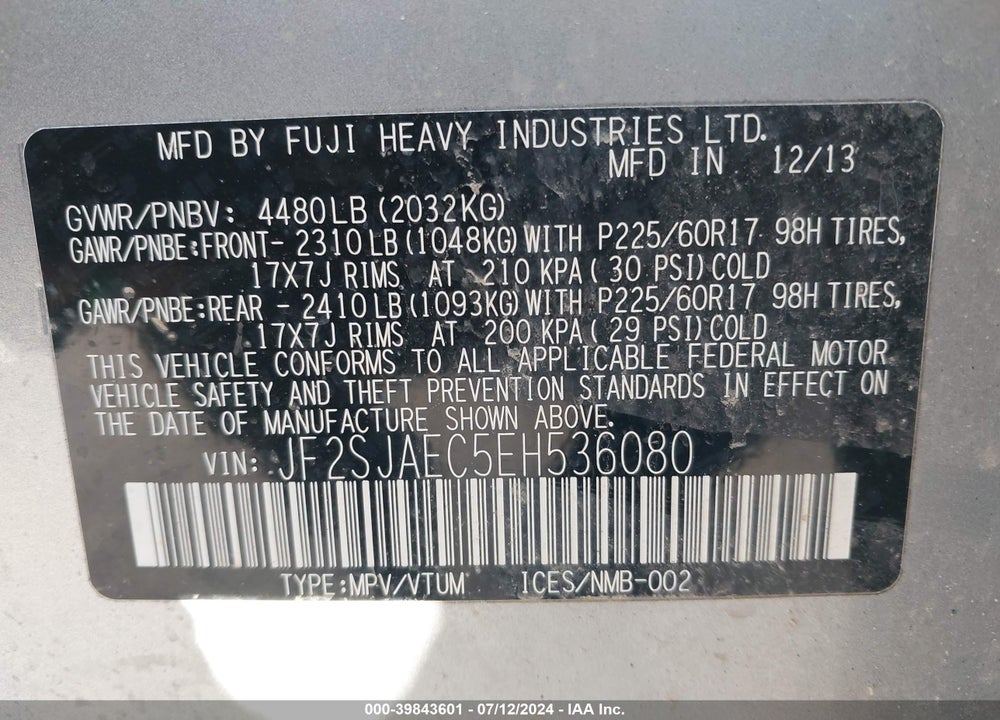 2014 SUBARU FORESTER 2.5I PREMIUM VIN: JF2SJAEC5EH536080