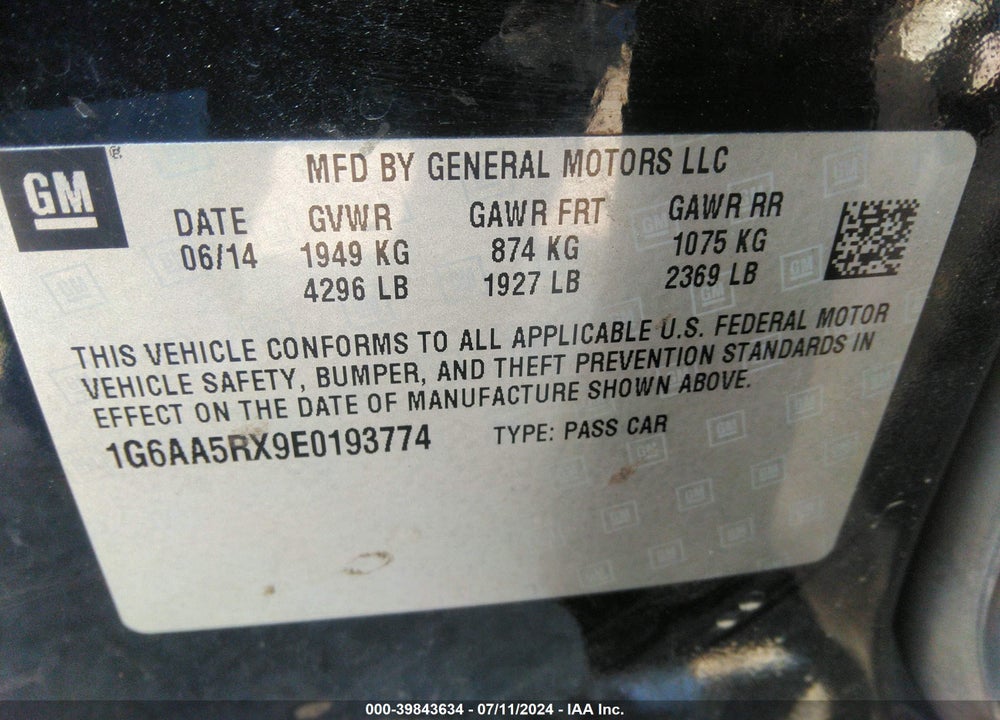2014 CADILLAC ATS STANDARD VIN: 1G6AA5RX9E0193774