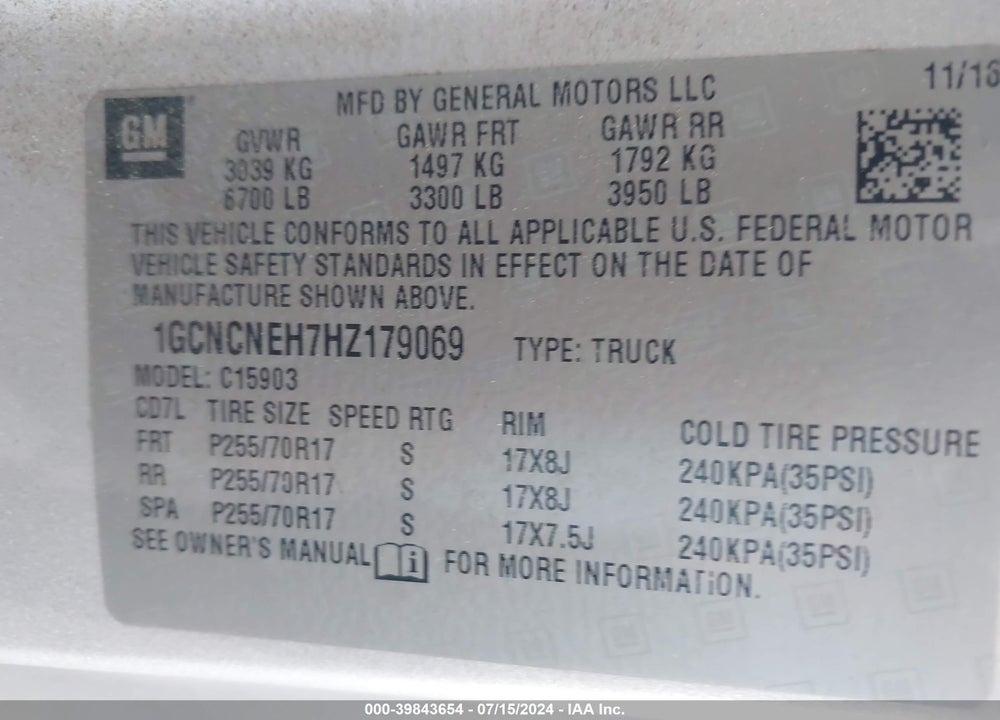 2017 CHEVROLET SILVERADO 1500 WT VIN: 1GCNCNEH7HZ179069