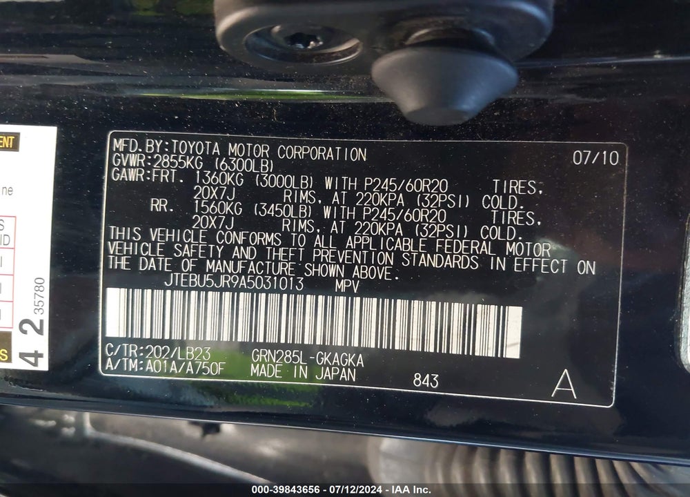 2010 TOYOTA 4RUNNER LIMITED V6 VIN: JTEBU5JR9A5031013