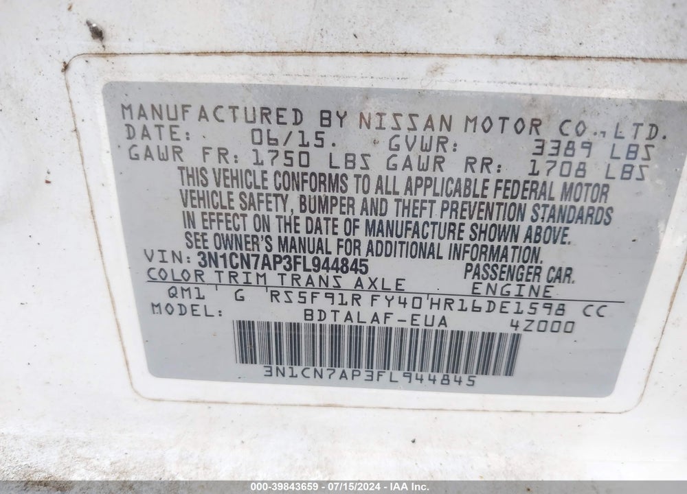2015 NISSAN VERSA 1.6 S+ VIN: 3N1CN7AP3FL944845