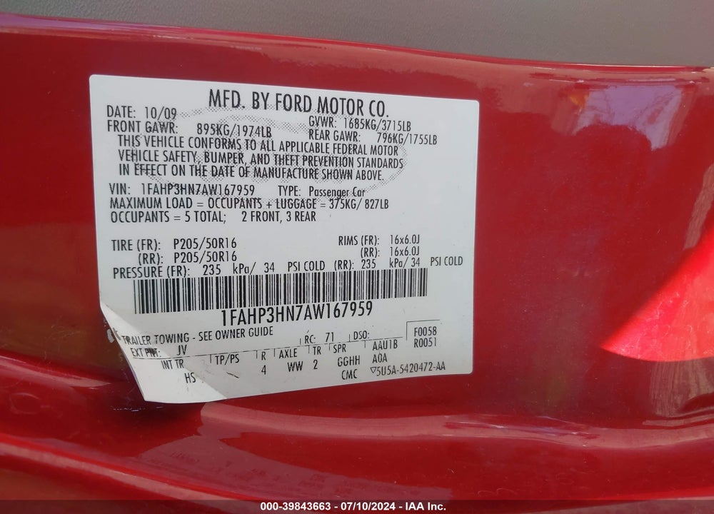 2010 FORD FOCUS SEL VIN: 1FAHP3HN7AW167959