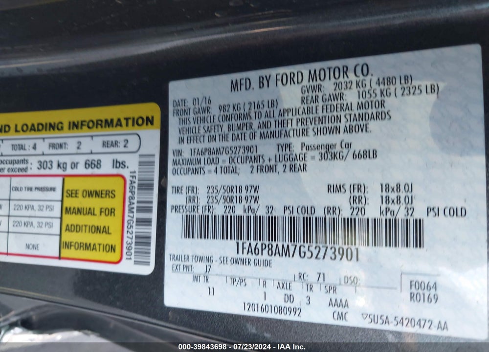 2016 FORD MUSTANG V6 VIN: 1FA6P8AM7G5273901