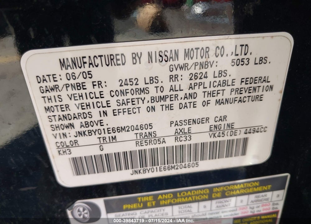 2006 INFINITI M45 VIN: JNKBY01E66M204605