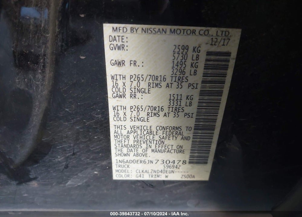 2018 NISSAN FRONTIER SV VIN: 1N6AD0ER6JN730478