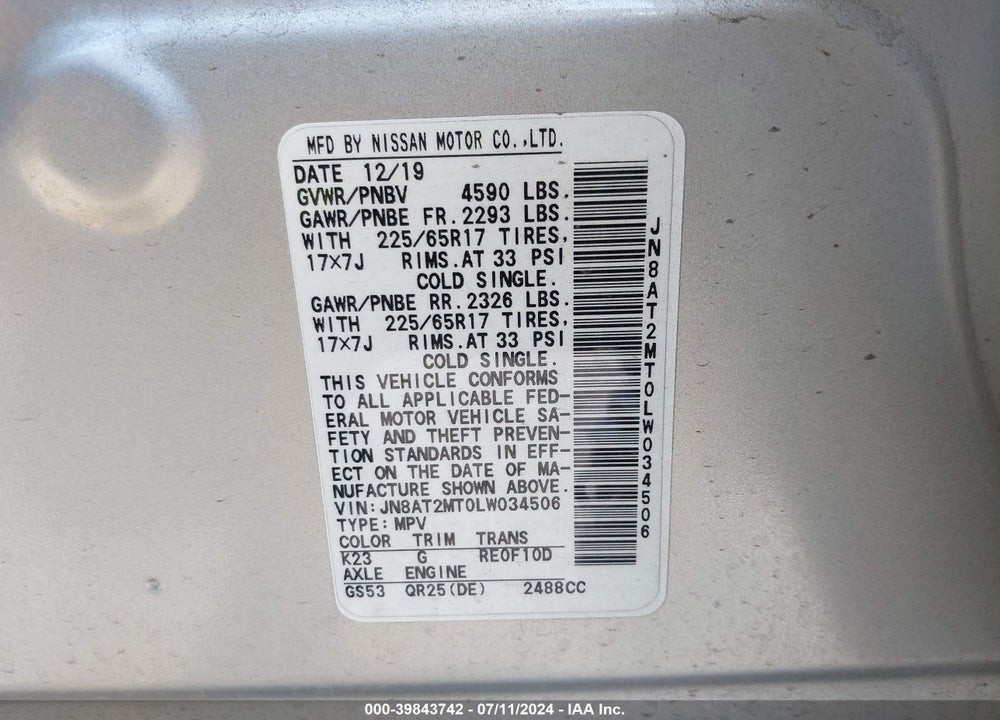 2020 NISSAN ROGUE S FWD VIN: JN8AT2MT0LW034506