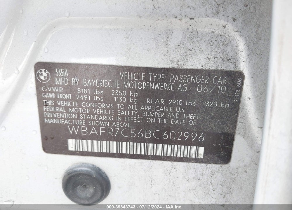 2011 BMW 535I VIN: WBAFR7C56BC602996