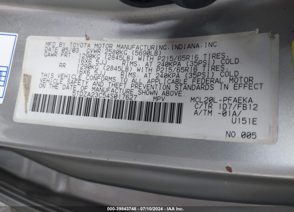2004 TOYOTA SIENNA LE VIN: 5TDZA23C54S017627
