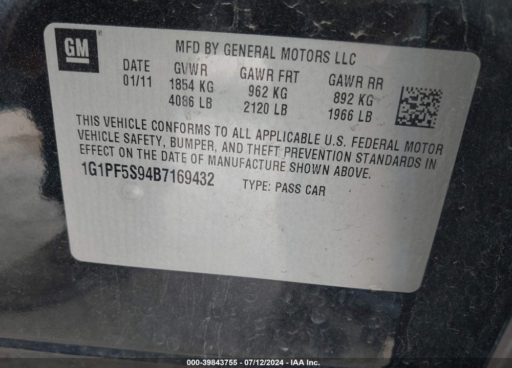 2011 CHEVROLET CRUZE 1LT VIN: 1G1PF5S94B7169432