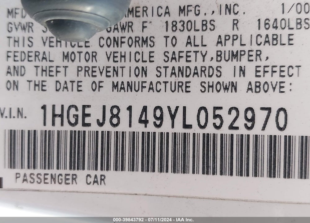 2000 HONDA CIVIC EX VIN: 1HGEJ8149YL052970