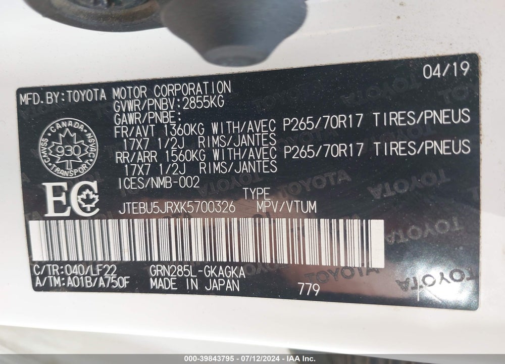2019 TOYOTA 4RUNNER TRD PRO VIN: JTEBU5JRXK5700326