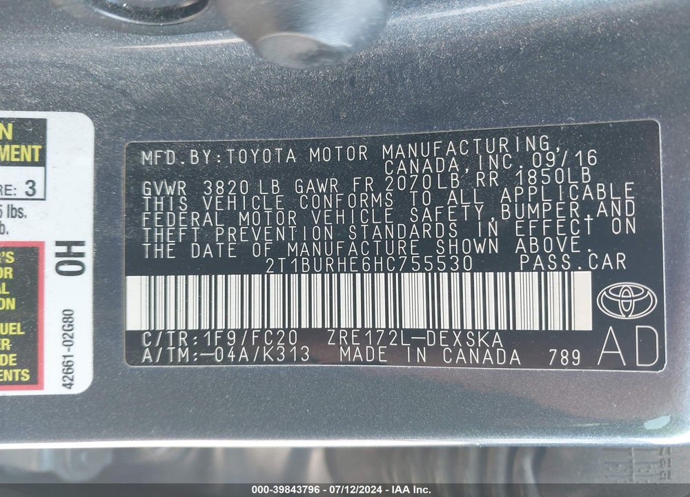 2017 TOYOTA COROLLA SE VIN: 2T1BURHE6HC755530