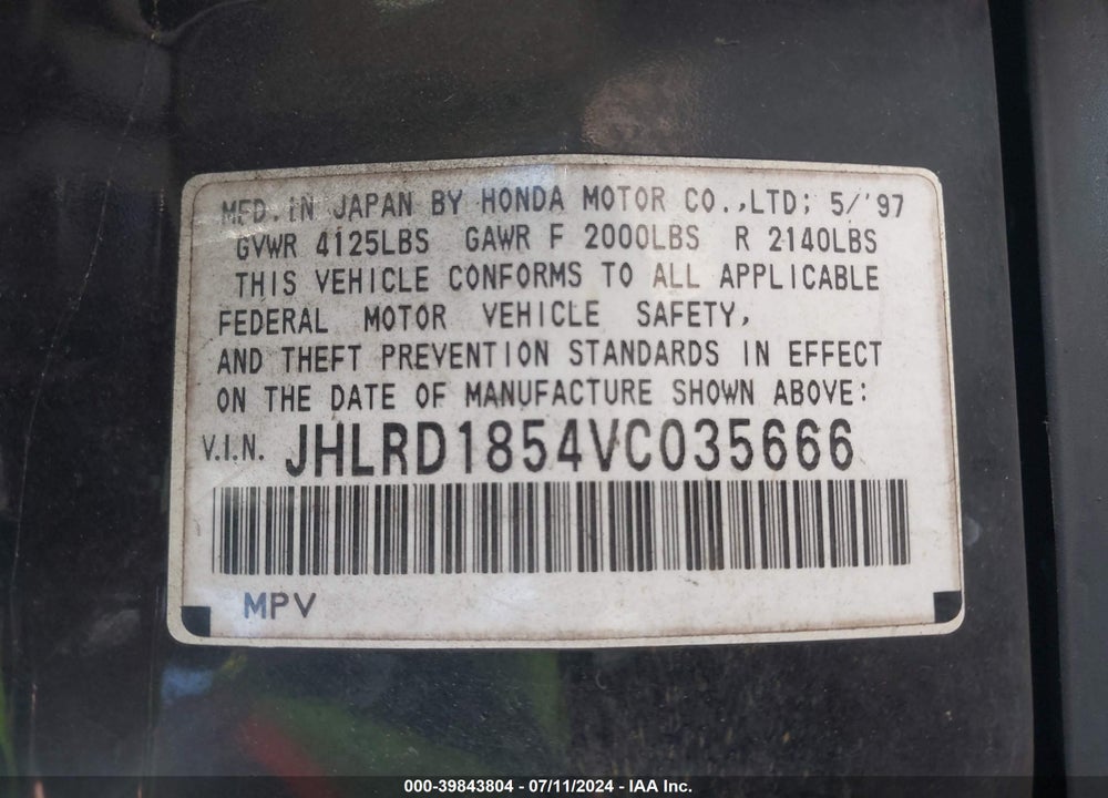 1997 HONDA CR-V VIN: JHLRD1854VC035666
