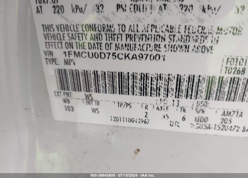2012 FORD ESCAPE XLT VIN: 1FMCU0D75CKA97001