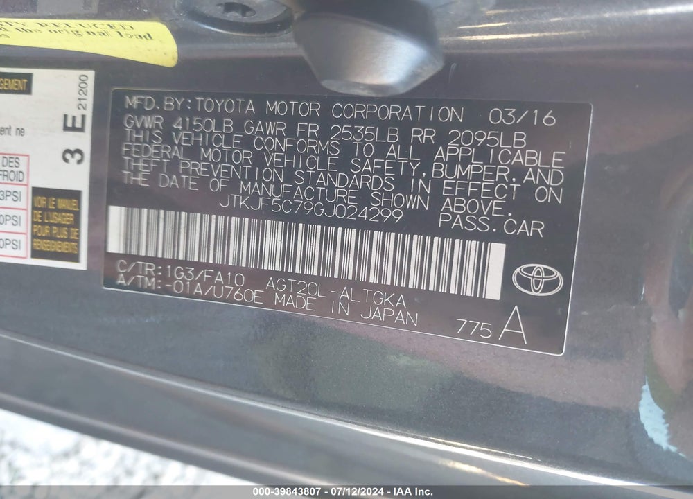 2016 SCION TC VIN: JTKJF5C79GJ024299
