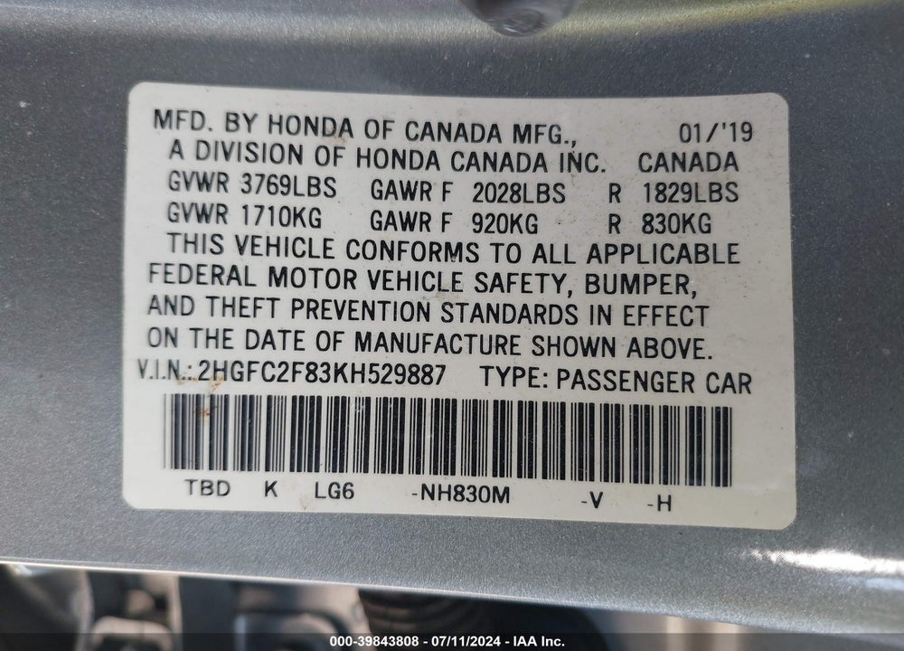 2019 HONDA CIVIC SPORT VIN: 2HGFC2F83KH529887