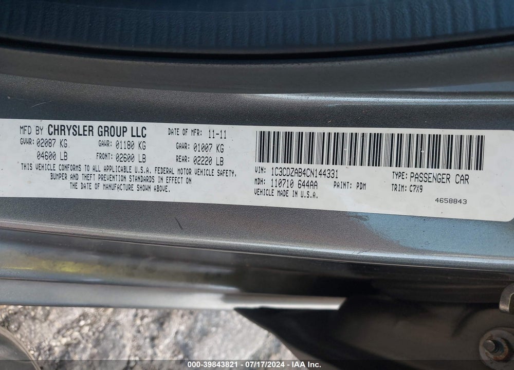 2012 DODGE AVENGER SE VIN: 1C3CDZAB4CN144331