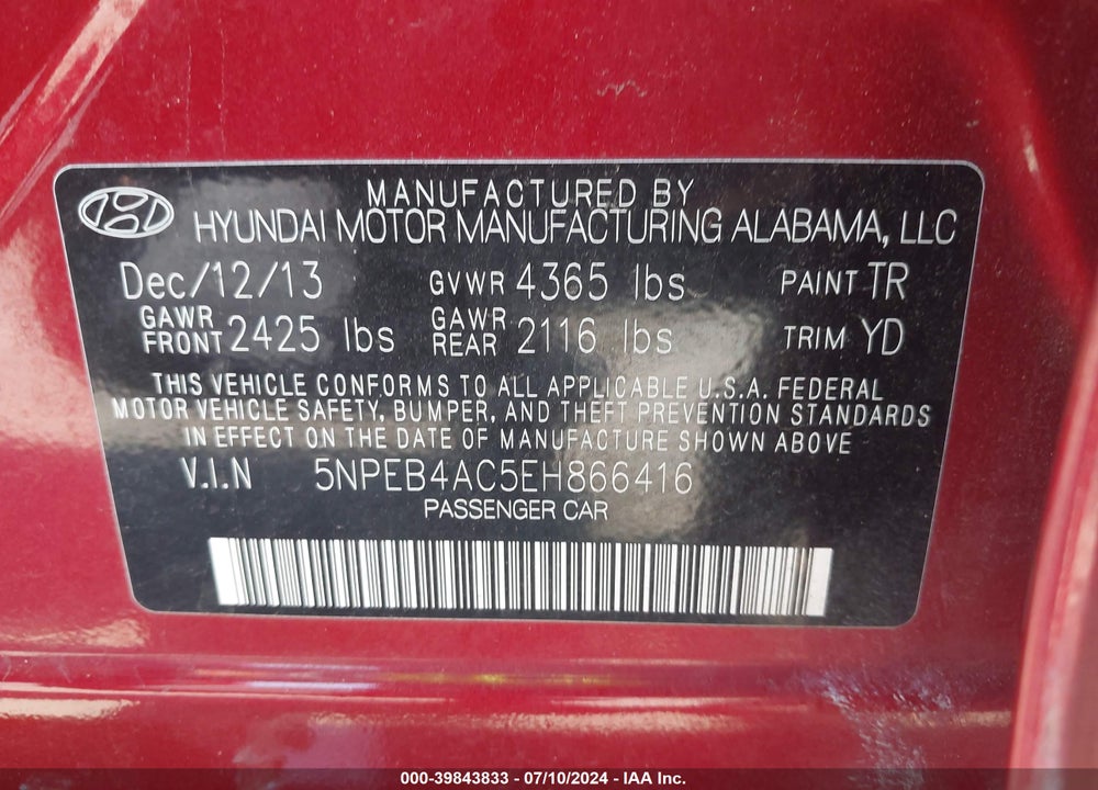 2014 HYUNDAI SONATA GLS VIN: 5NPEB4AC5EH866416