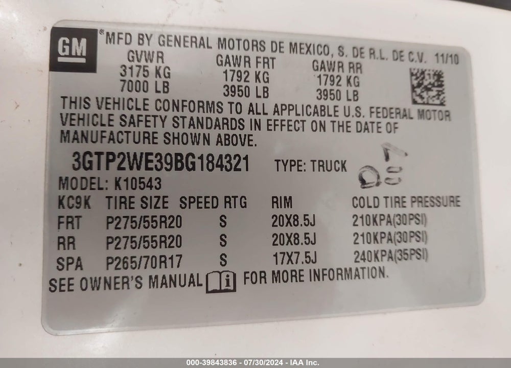 2011 GMC SIERRA 1500 SLT VIN: 3GTP2WE39BG184321