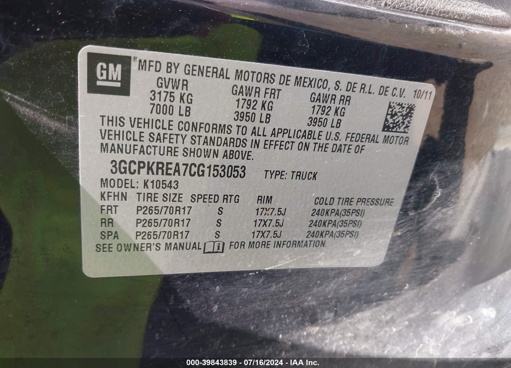 2012 CHEVROLET SILVERADO 1500 LS VIN: 3GCPKREA7CG153053