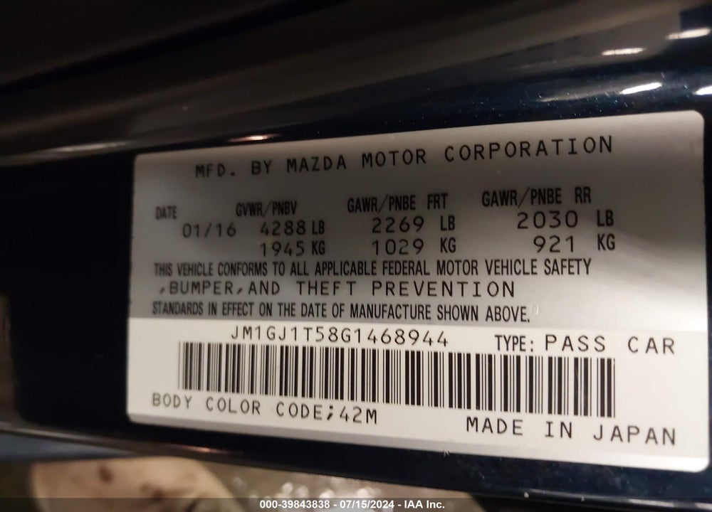 2016 MAZDA 6 I TOURING VIN: JM1GJ1T58G1468944