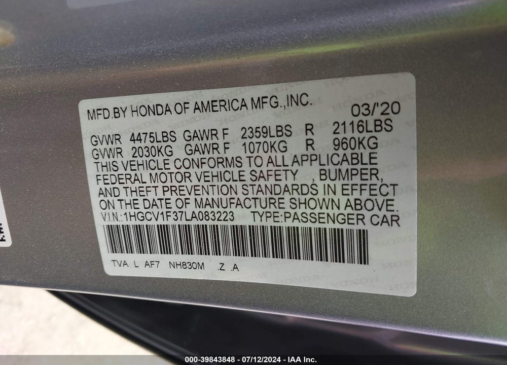 2020 HONDA ACCORD SPORT VIN: 1HGCV1F37LA083223