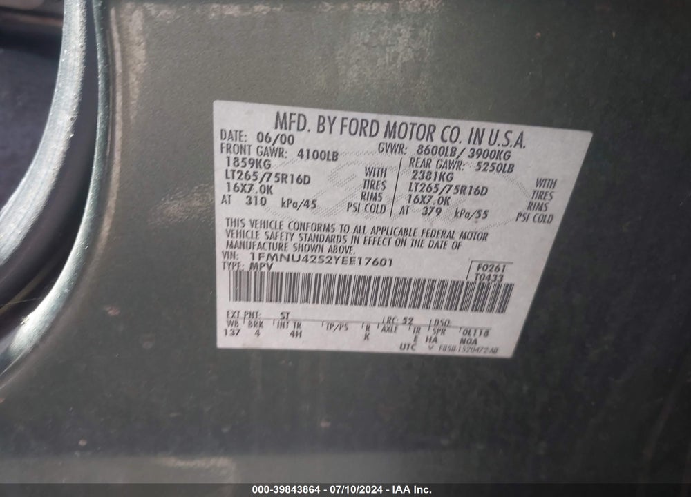 2000 FORD EXCURSION LIMITED VIN: 1FMNU42S2YEE17601