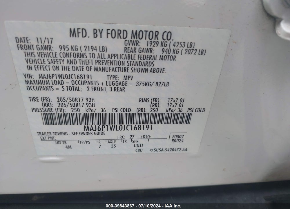 2018 FORD ECOSPORT TITANIUM VIN: MAJ6P1WL0JC168191