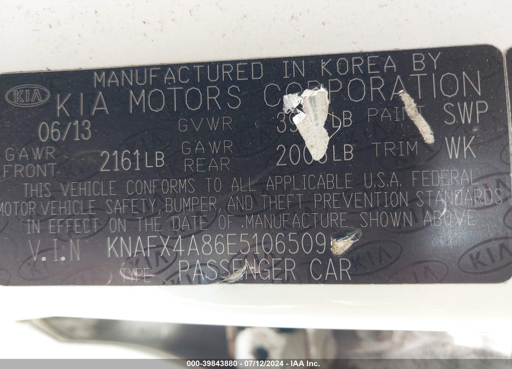 2014 KIA FORTE EX VIN: KNAFX4A86E5106509