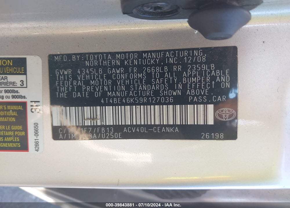 2009 TOYOTA CAMRY LE VIN: 4T4BE46K59R127036