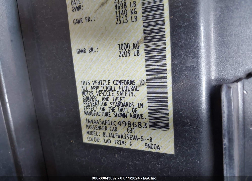 2014 NISSAN MAXIMA 3.5 SV VIN: 1N4AA5AP1EC498683