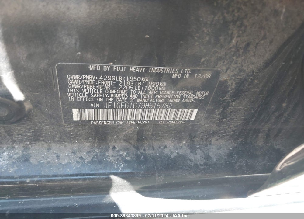 2009 SUBARU IMPREZA 2.5I VIN: JF1GE61679H515782