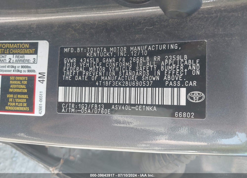 2011 TOYOTA CAMRY LE VIN: 4T1BF3EK2BU690537