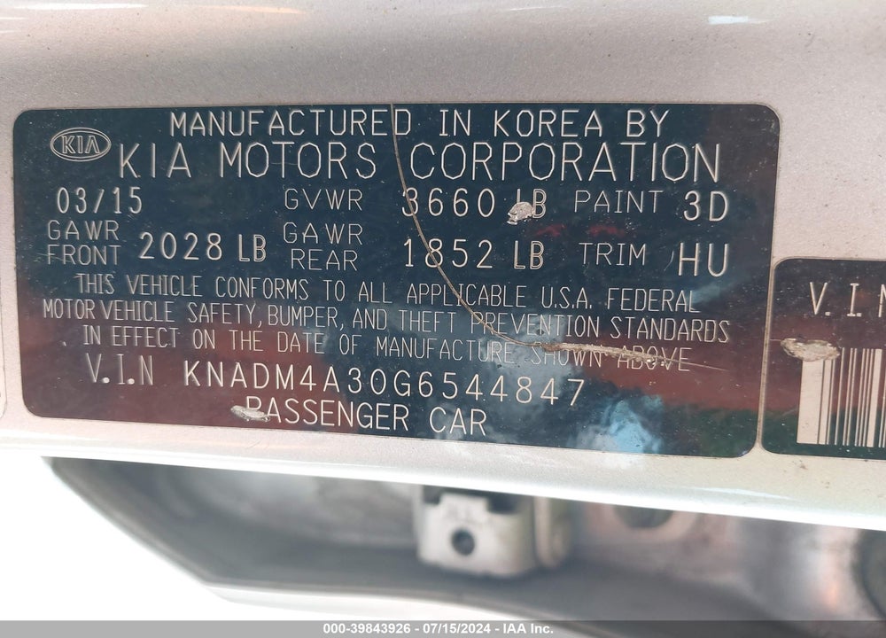 2016 KIA RIO LX VIN: KNADM4A30G6544847