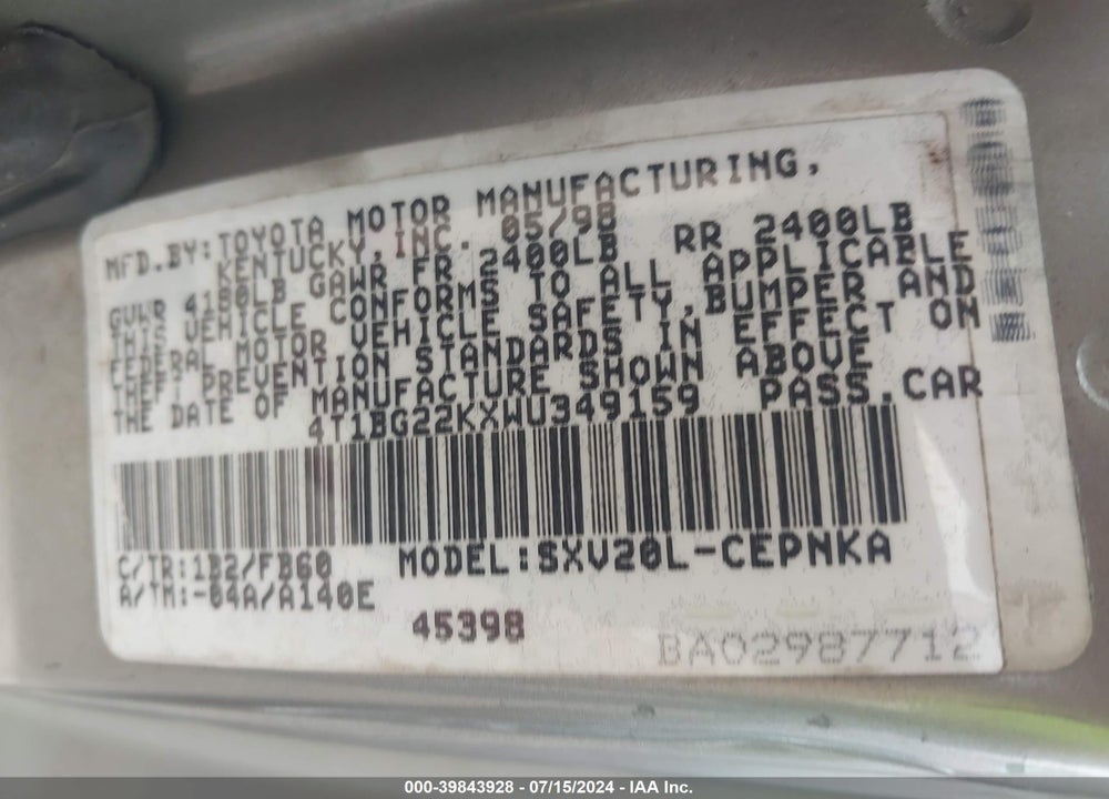 1998 TOYOTA CAMRY LE VIN: 4T1BG22KXWU349159