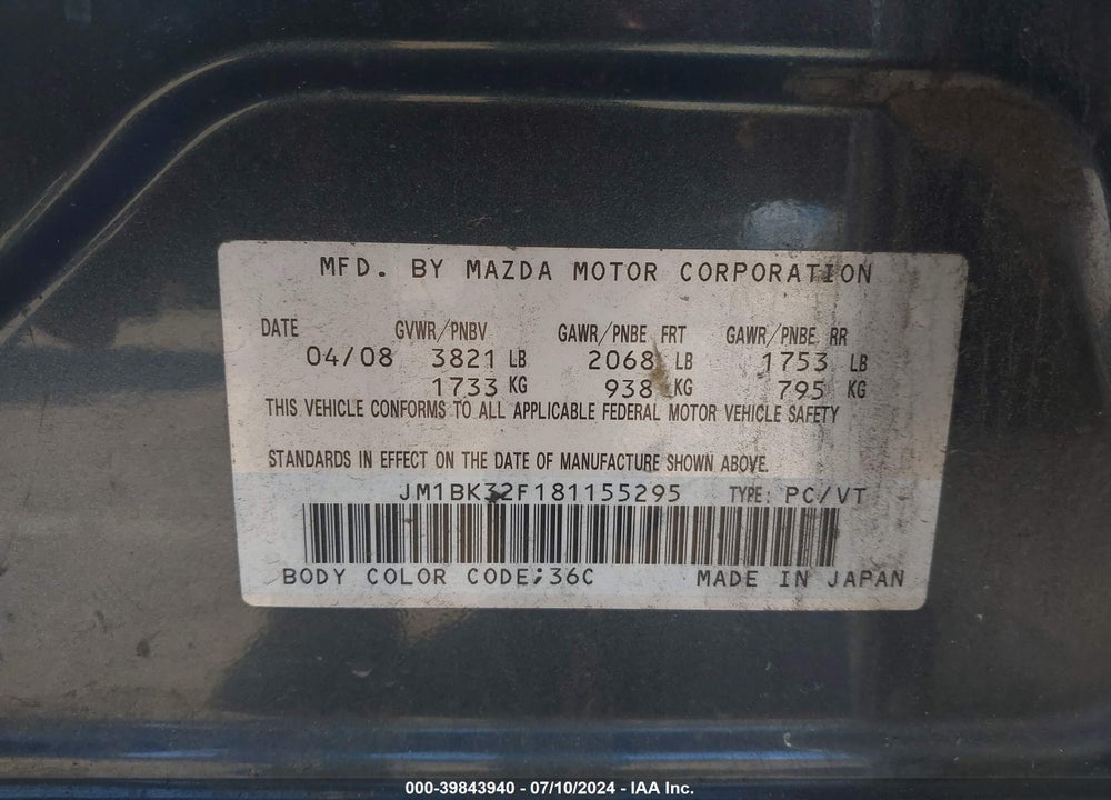 2008 MAZDA 3 I/I SPORT/I TOURING VALUE VIN: JM1BK32F181155295