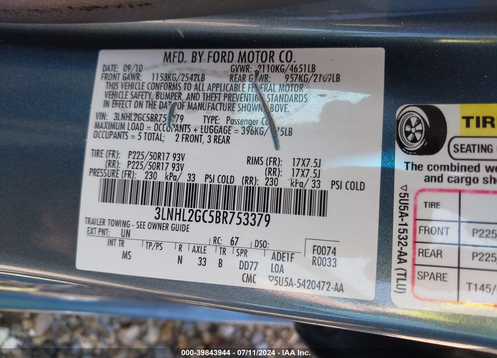2011 LINCOLN MKZ VIN: 3LNHL2GC5BR753379