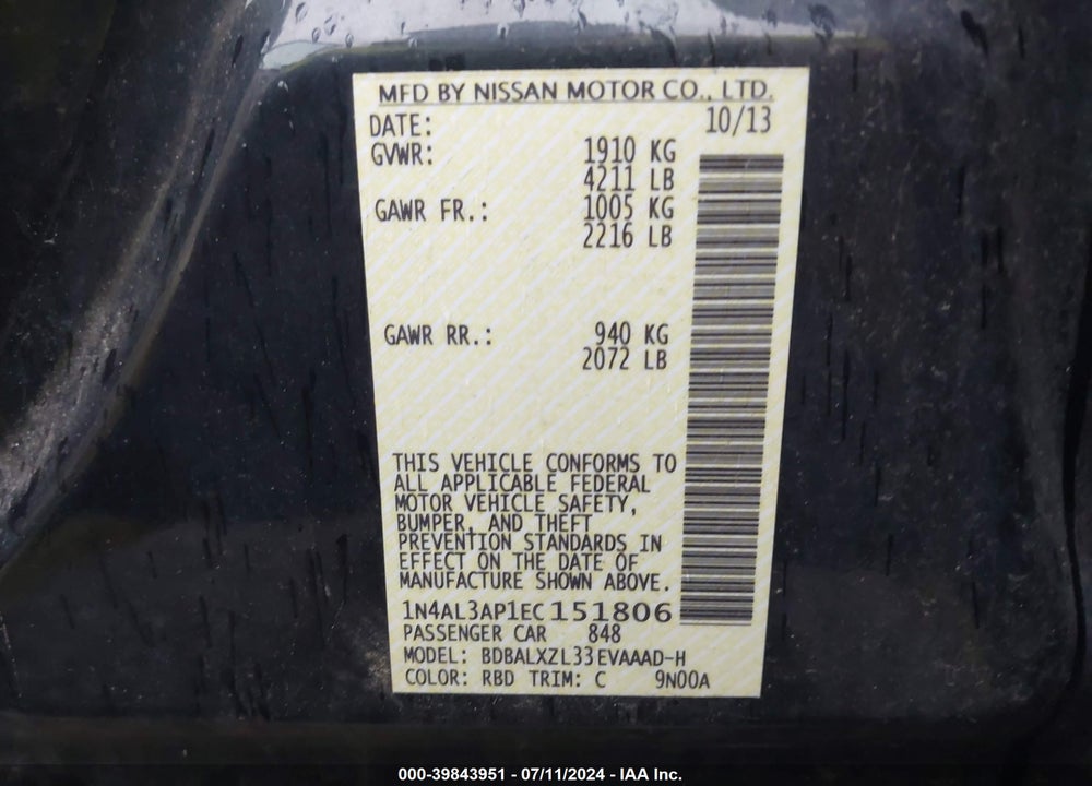 2014 NISSAN ALTIMA 2.5 SL VIN: 1N4AL3AP1EC151806