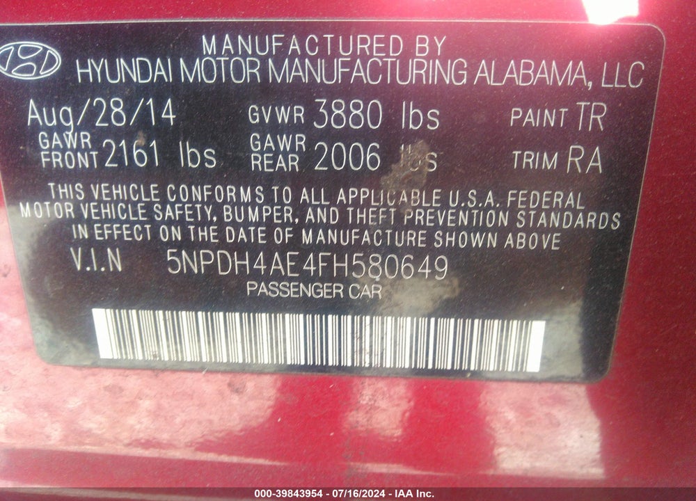 2015 HYUNDAI ELANTRA SE VIN: 5NPDH4AE4FH580649