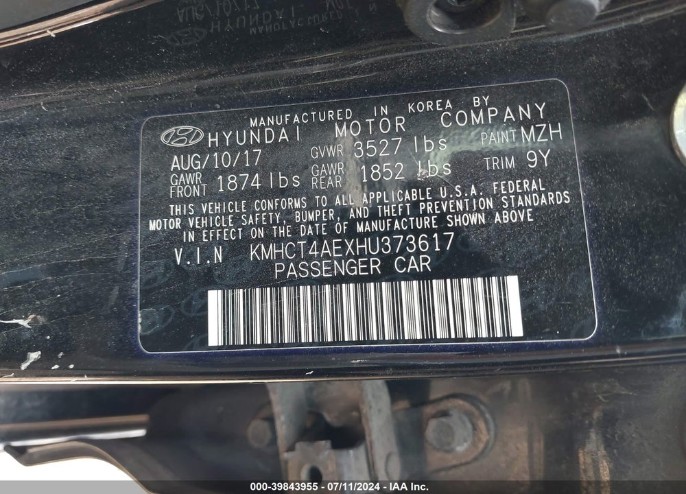 2017 HYUNDAI ACCENT VALUE EDITION VIN: KMHCT4AEXHU373617