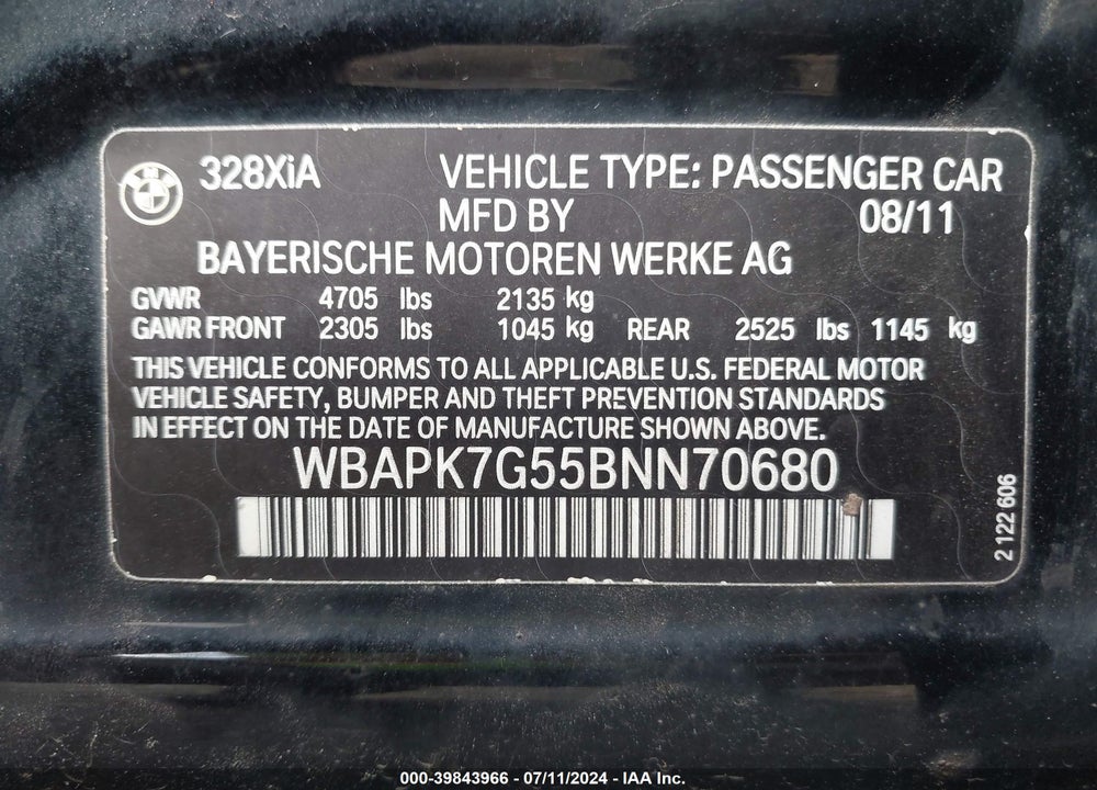 2011 BMW 328I XDRIVE VIN: WBAPK7G55BNN70680