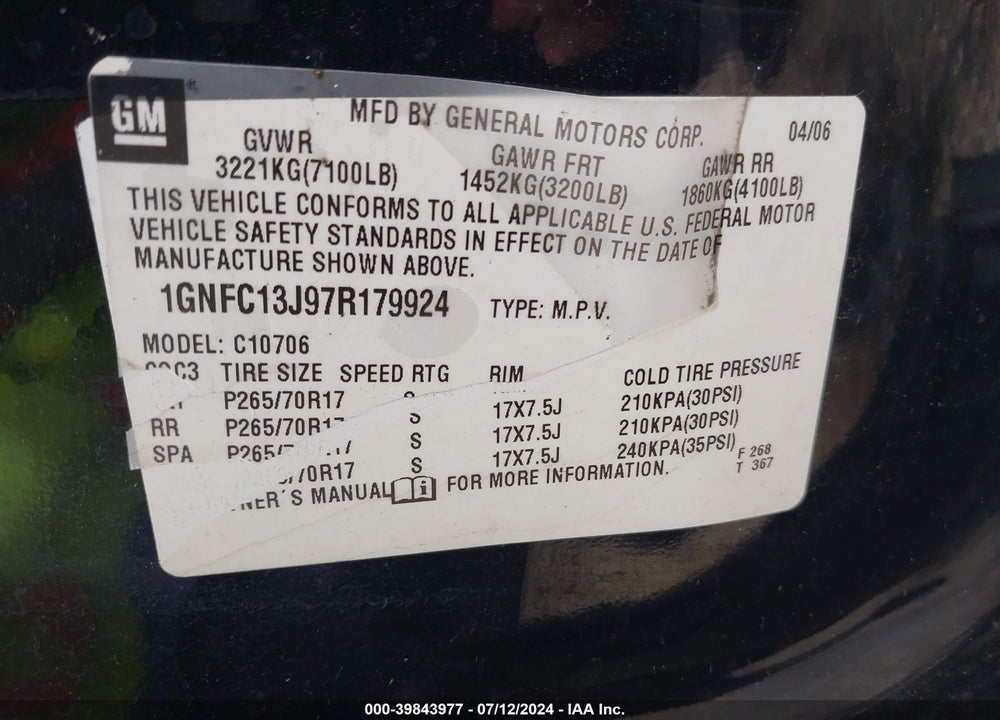 2007 CHEVROLET TAHOE LT VIN: 1GNFC13J97R179924