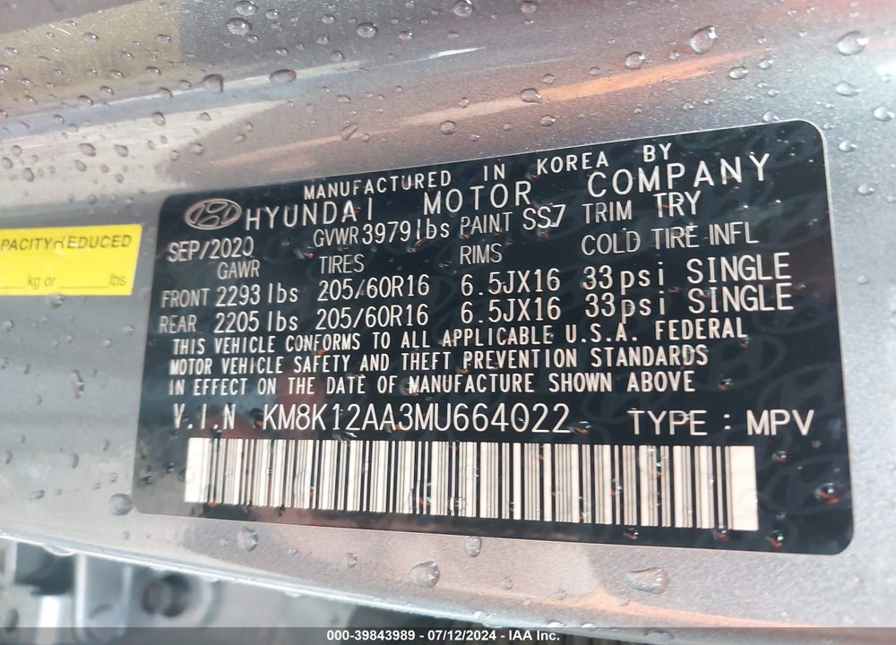 2021 HYUNDAI KONA SE VIN: KM8K12AA3MU664022