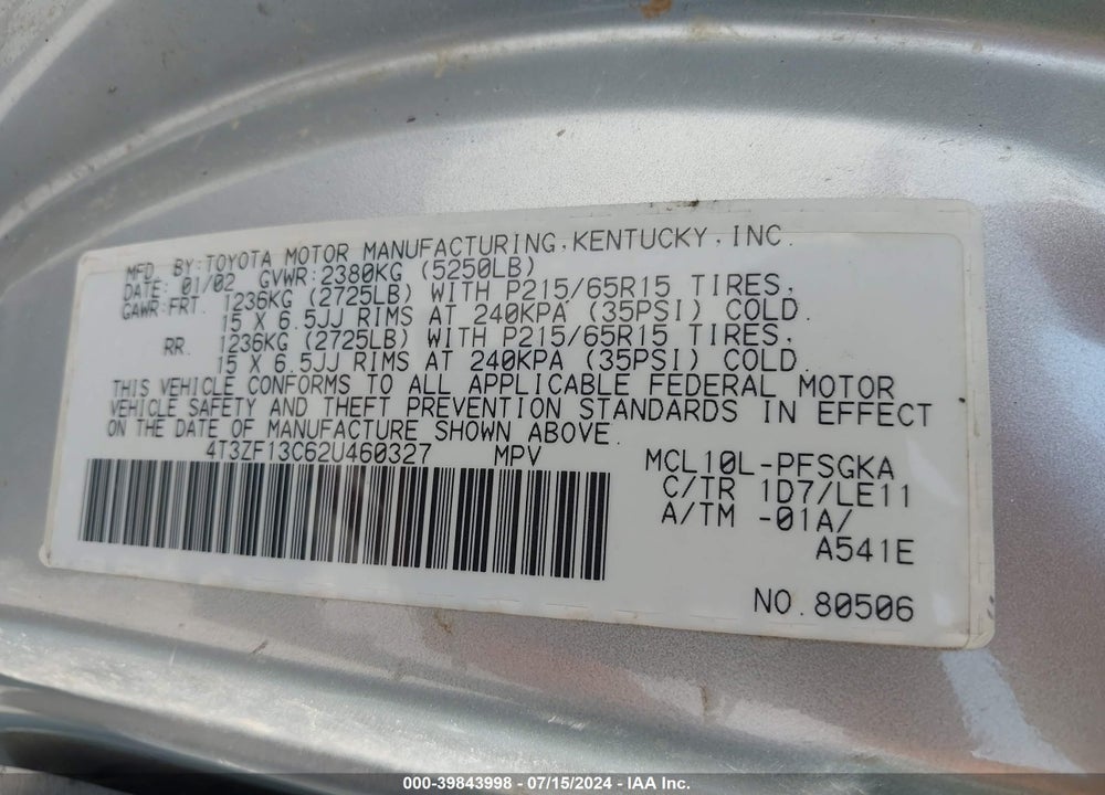 2002 TOYOTA SIENNA XLE VIN: 4T3ZF13C62U460327