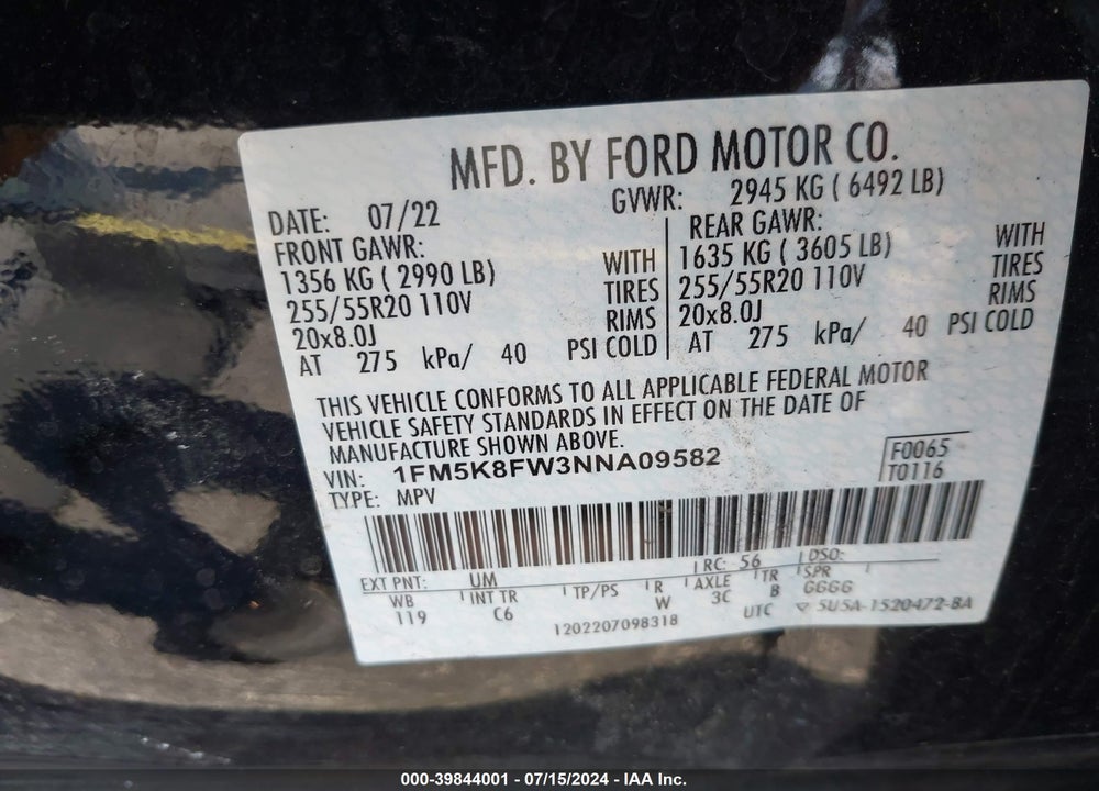 2022 FORD EXPLORER LIMITED VIN: 1FM5K8FW3NNA09582