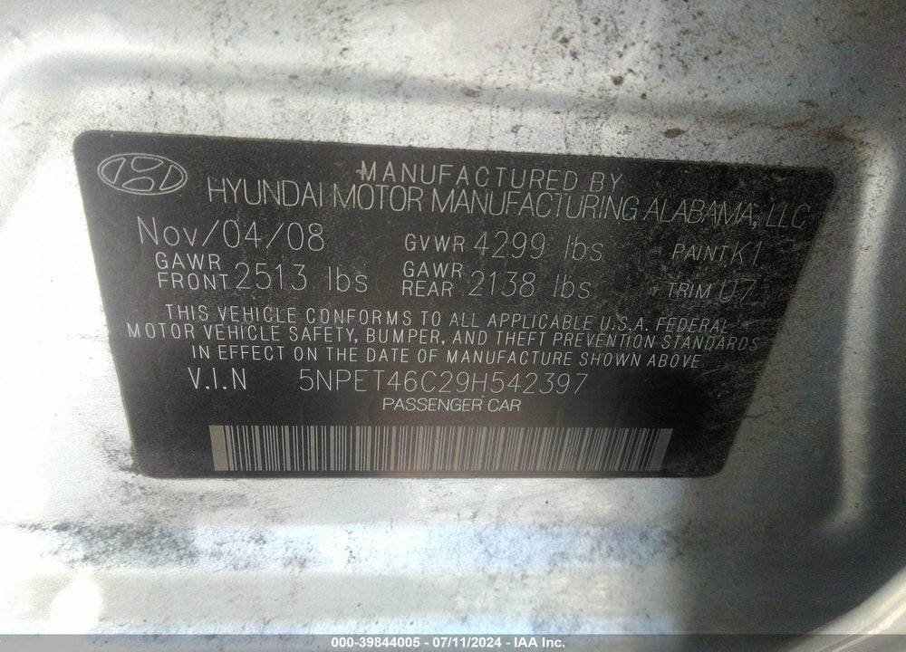 2009 HYUNDAI SONATA GLS VIN: 5NPET46C29H542397