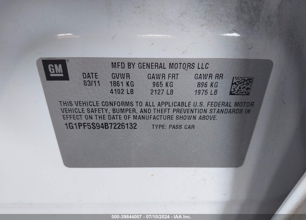 2011 CHEVROLET CRUZE 1LT VIN: 1G1PF5S94B7226132